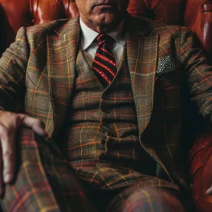 Un homme en costume de Peaky Blinders assis sur un fauteuil en cuir rouge.