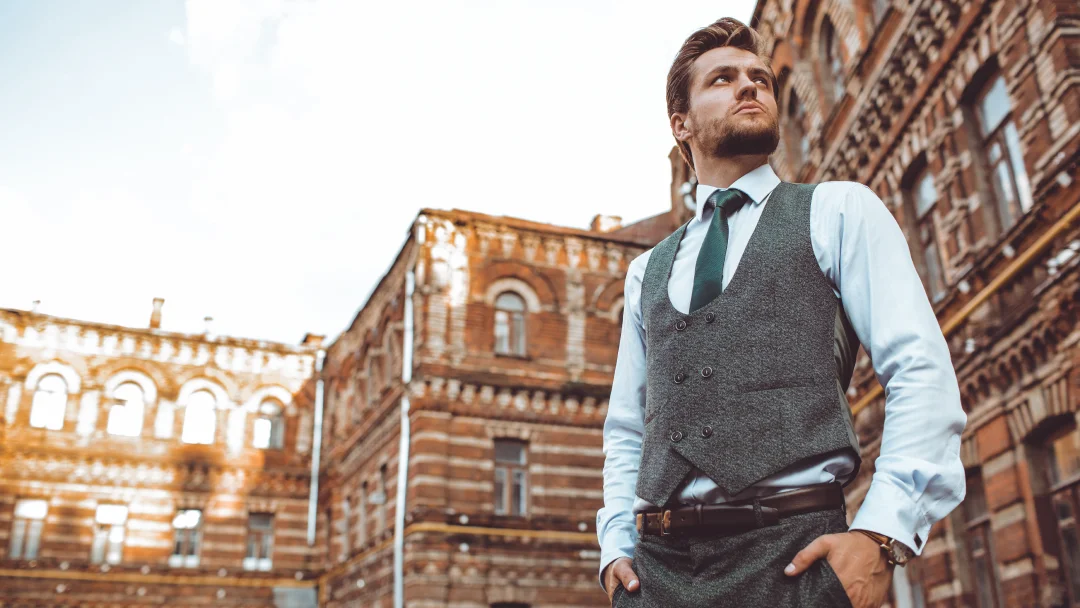 Un homme en costume et cravate se tient devant un bâtiment, prêt pour un événement formel.