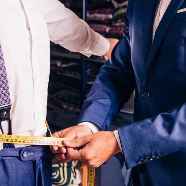 Un homme en costume mesure le pantalon d'un autre homme dans un cadre de tailleur luxe.