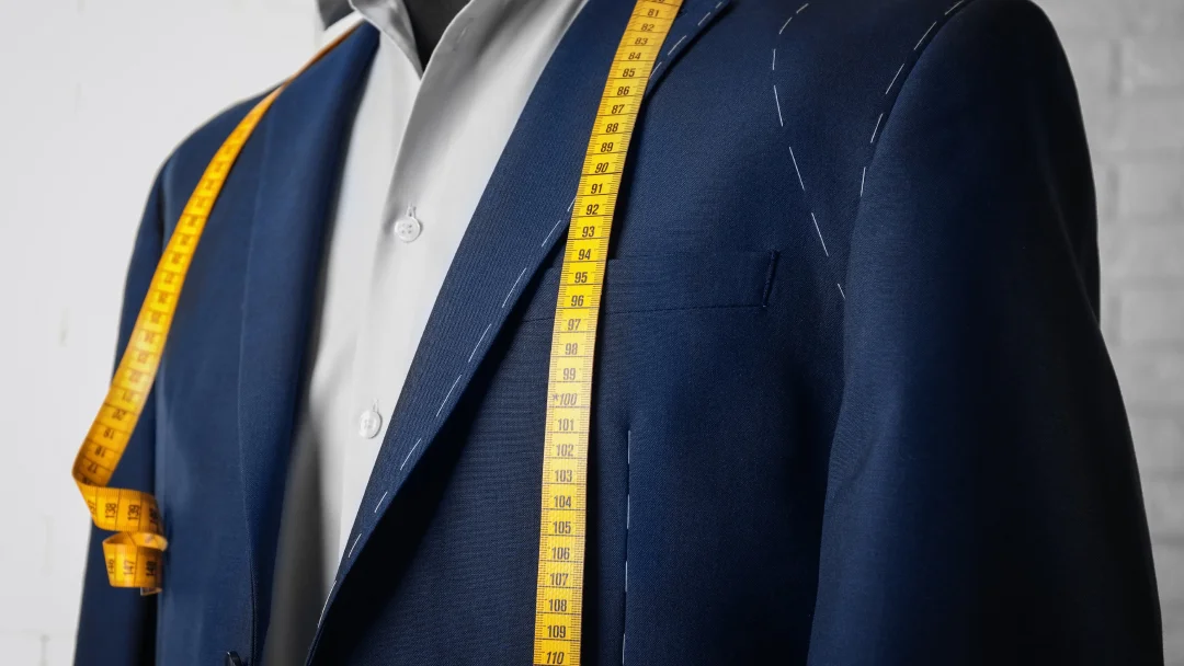 Une veste de costume avec un mètre ruban posé dessus, symbolisant la couture sur mesure pour hommes.